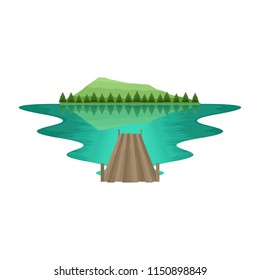 Pier Lake and River Pine Forest Mountain Landscape with Reflection Vector