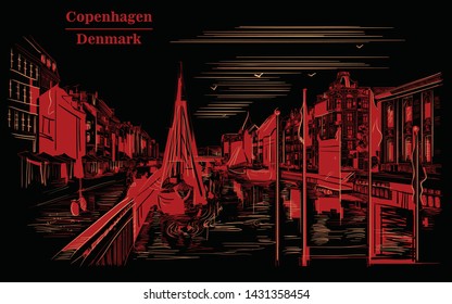 Pier Nyhavn in Copenhagen, Denmark. Landmark of Denmark. Vector hand drawing illustration in red color isolated on black background.