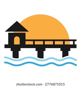 Pier with tower and sun setting over water waves scenic landscape icon icon