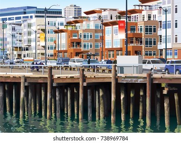 Pier. View of the Pier with city buildings in the background