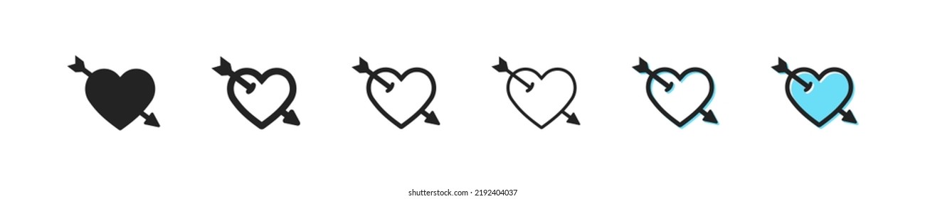 Pierced heart icon. Heart with arrow vector symbol. Simple cupid's arrow outline icons. Pierced hearts icons set. Flat web icon. EPS10