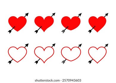 Pierced heart icon set. Heart and arrow vector icons. Valentine day. Symbol lovestruck