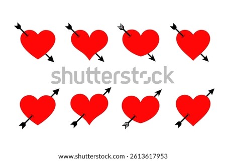 Pierced heart icon set. Heart with arrow icons. Valentine day. Symbol lovestruck	