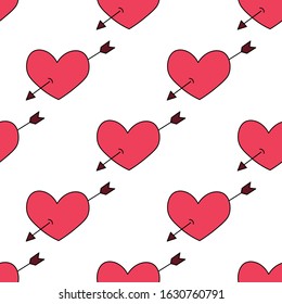 Pierced hearts with arrow seamless repeat pattern.Hearts pattern.Valentine's day seamless repeat pattern.