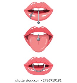 Pierced lips collection illustration featuring mouth jewelry fashion beauty and cosmetic style concept for makeup and body art design projects