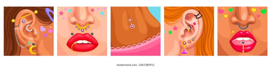 Pierced portraits. Piercings face girl character, beauty modern woman jewelry piercing ring in nose or ears cartoon characters faces close up portrait vector illustration of portrait face character