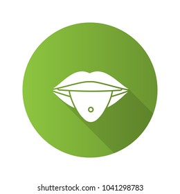 Pierced tongue flat design long shadow glyph icon. Tongue with ring. Vector silhouette illustration