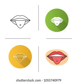 Pierced tongue icon. Tongue with ring. Flat design, linear and color styles. Isolated vector illustrations