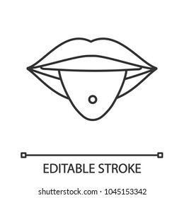 Pierced tongue linear icon. Thin line illustration. Tongue with ring. Contour symbol. Vector isolated outline drawing. Editable stroke