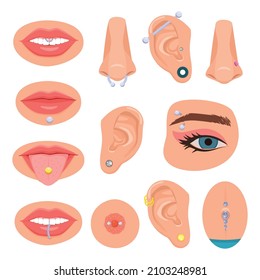 Piercing body flat set of isolated icons with parts of human body being pierced with jewelry vector illustration