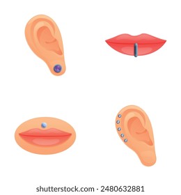Piercing concept icons set cartoon vector. Piercing of various body part. Mechanical modification human body