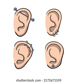 Piercing in ears. Set of different types of women earrings and jewelry. Cartoon illustration