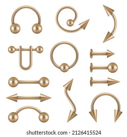 Piercing elements. Tattoo salon jewelry for face decoration nose lips ear metallic objects geometric shapes and arrows decent vector realistic 3d set