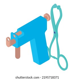 Icono de equipo de Piercing vector isométrico. Ametralladora e instrumento médico. Cirugía, modificación del cuerpo