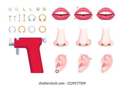 Piercing face. Body decoration metallic geometrical symbols rings dots arrows brackets garish vector steel accessories for piercing nose head lips eyes nose garish vector set