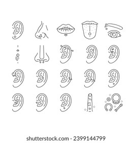 piercing fashion beauty earring icons set vector. body pierced, face style, pierce jewelry, metal ear, nose female, ring metallic piercing fashion beauty earring black contour illustrations