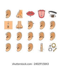 piercing fashion beauty earring icons set vector. body pierced, face style, pierce jewelry, metal ear, nose female, ring metallic piercing fashion beauty earring color line illustrations