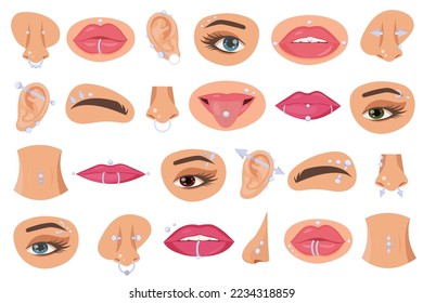 Set für durchgehende Flachsymbole. Körpermodifikationen. Lippen, Nase, Augenbrauen und Zungenlöcher. Stilvolles Titan-Zubehör für Gesicht. Silberschmuck. Farbisolierte Illustrationen