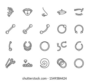 Piercing flat line icons set. Body jewelry, nose hoop, ear ring, tongue labret, tunnels, microdermal vector illustrations. Outline signs for piercings studio. Pixel perfect. Editable Strokes.
