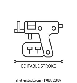 Icono lineal de cañón de Piercing. Instrumento especial para hacer agujeros en la piel corporal. Estilo moderno. Ilustración personalizable de línea delgada. Símbolo de contorno. Dibujo de contorno aislado del vector. Trazo editable