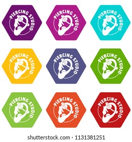 Piercing icons 9 set coloful isolated on white for web
