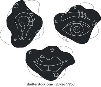 piercing icons in linear style against a background of black shapeless figures