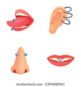 Piercing icons set cartoon vector. Piercing of various body part. Mechanical modification human body