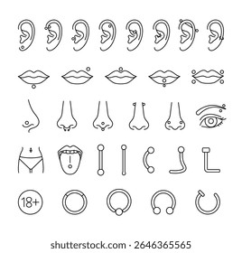 Definição de ícones de perfuração. Diferentes tipos de piercing orelha, nariz, lábios e outras partes 