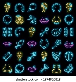 Piercing icons set. Outline set of piercing vector icons neon color on black