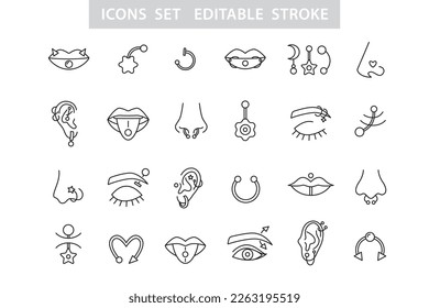 Piercing jewel icon set, Face and Body Pierce Studio jewelry tools logo. Balls, hoop, earrings, nose, ear, eye brow, tongue icons element. Thin line shop emblem. Minimal vector logotype illustration.