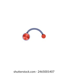Piercing jewelry earring vector flat illustration. Metallic piercing accessory, barbell with red gem and ball isolated on white. Chrome earring for pierce, stylish face and body decoration