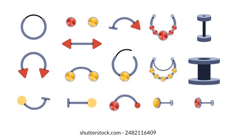 Pendientes de joyería piercing conjunto plano de Vector. Diferentes accesorios de perforación metálicos, barra con gema, conos y bolas, anillo de aro aislado. Colección cromada elegante de la decoración del bijouterie de la cara y del cuerpo