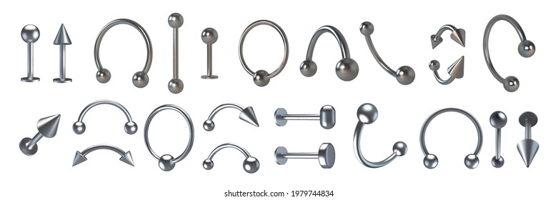 Piercing jewelry. Realistic metal nose rings. 3D earrings and pierced face and body accessories set. Silver cones and balls. Hoops or barbells. Vector metallic bijouterie collection