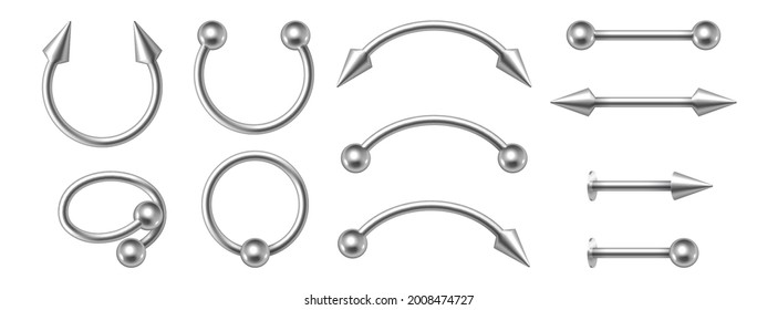 Piercing jewelry. Realistic metal nose rings. 3d earrings pierced face body accessories set. Silver cones and balls, metallic oops barbells. Vector illustration