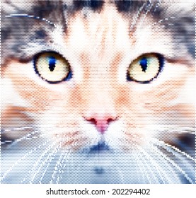 Piercing look into your soul of an extremely beautiful cat female. Eye contact through the lens with widely open feline pupils with bright yellow iris. Unusual and amazing dotted vector image.