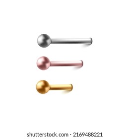 Piercing Metal Pin Bars With Decorative Ball In Different Metal Color, Realistic Mockup Vector Illustration Isolated On White Background. Piercing Fashion Accessories.