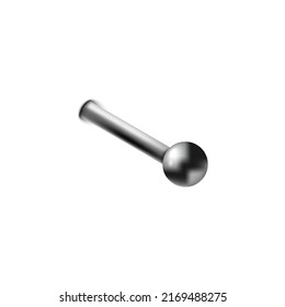 Plano de almohadilla o clavija metálico de corte, ilustración vectorial realista aislada en fondo blanco. Accesorio de pierce plateado en forma de barra con bola en el borde de la muesca.