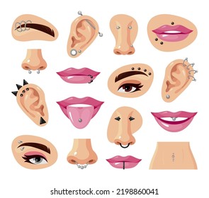 La perforación de las partes del cuerpo facial femenino pone la ilustración plana vectorial. Aretes metálicos en la nariz, orejas cejas, labios y ombligo. Anillos de titanio acero barbería cono bijouterio decorativo accesorio de moda