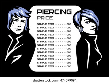 piercing price list menu beautiful man and woman pierced faces fashion hairstyles on the black background