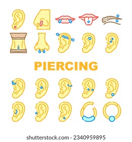 piercing ring earring nose icons set vector. metal jewelry, body pierce, nipple silver, hoop face, jewellery ear, navel piercing ring earring nose color line illustrations