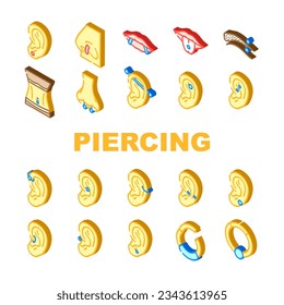 Piercing Ring Ohrring Nasensymbole Set Vektor. Metallschmuck, Bodypierce, Nippelsilber, Hoop-Gesicht, Schmuckohr, Nabelpiercing-Ring Orangenring Nase isometrische Zeichen Illustrationen