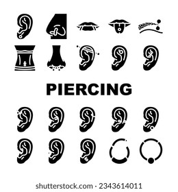 Piercing Ring Ohrring Nasensymbole Set Vektor. Metallschmuck, Körperpierce, Nippelsilber, Hoop-Gesicht, Schmuckohr, Nabelpiercing-Ring Ohrring Nase-Piktogramm Illustrationen