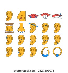 Piercing Ring Ohrring Nase Symbole setzen Vektor. Metallschmuck, Body Pierce, Nippel Silber, Reifengesicht, Schmuckohr, Nabel Piercing Ring Ohrring Nase Farbe Kontur Illustrationen