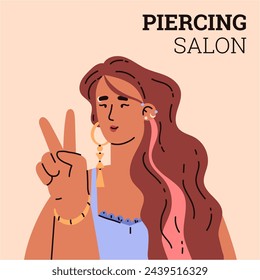 Piercing salon cartoon poster. Beautiful woman with facial piercing, earrings and bracelet, long hairstyles shows hand gesture V sign. Stylish jewelry accessories vector illustration