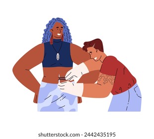 Piercing salon. Flat isolated illustration of a piercing salon master piercing the navel of a woman with blue hair. Lifestyle concept, body jewelry or professional service.