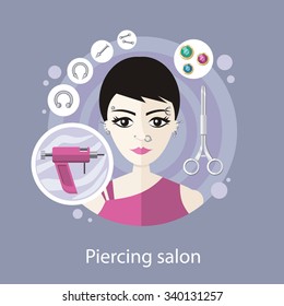 Piercing salon flat style design. Earrings beauty, body fashion, tool and pierce, ring metallic, professional illustration