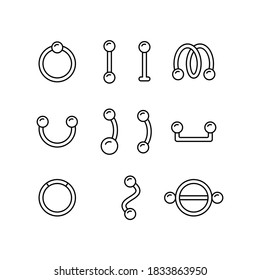 Piercing, Set Of Different Earring. Linear Icon Of Barbell, Ring, Surface Bar, Labret Stud, Nipple Shield, Twister. Black Simple Illustration. Contour Isolated Vector Pictogram, White Background