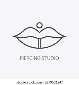 Piercing studio logo. Minimal Vector illustration. Pierced lips logotype. Thin line icon element. Small business identity. Cool jewelry shop emblem.