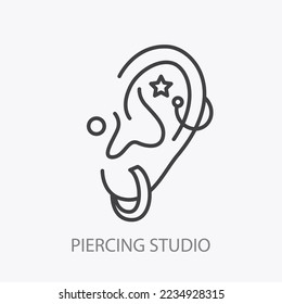 Piercing studio logo template. Pierced Ear. Minimal Vector illustration logotype. Thin line icon element. Small business identity. Cool jewelry shop emblem.