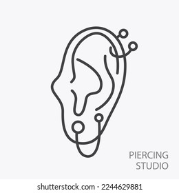 Piercing studio logo template. Pierced Ear. Minimal Vector illustration logotype. Thin line icon element. Small business identity. Cool jewelry shop emblem.